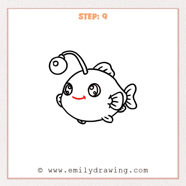 how to draw an angler fish - Step 9: The angler fish is finished with a small smile, fin rays, and refined bold outlines.